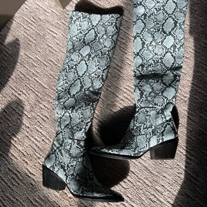 Gianni Bini | Alyiraa Snake Print Stretch Over-The-Knee Block Heel Boots